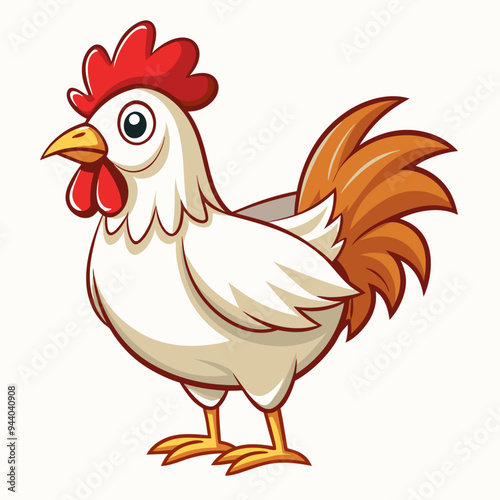Cartoon illustration of a white rooster with a red comb and orange tail feathers