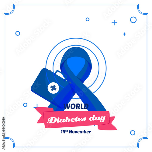 Blue Circle, Globe and Reminder Date of World Diabetes Day, Vector Illustration.