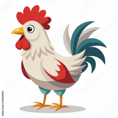 Cartoon Illustration of a White Rooster with Red Comb and Blue Tail Feathers