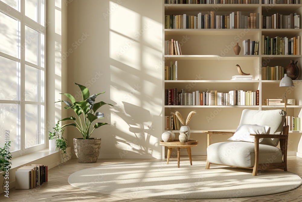 Fototapeta premium A living room with a white chair, a potted plant, and a large bookshelf
