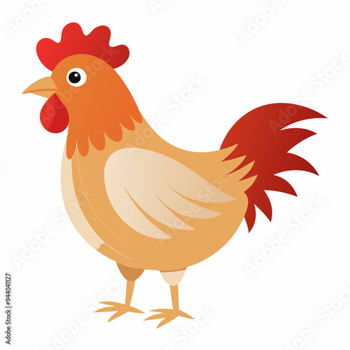 Cartoon Illustration of a Brown Chicken with Red Comb and Tail Feathers