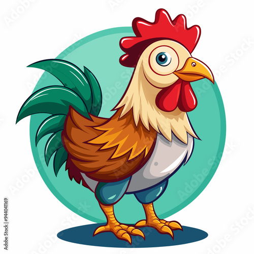 Cartoon Rooster with Red Comb and Green Tail Feathers