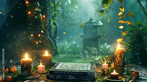 Magical altar in enchanted forest, with ancient grimoire surrounded by glowing candles in a mystical scene with floating particles and lush vegetation. Wiccan ritual.