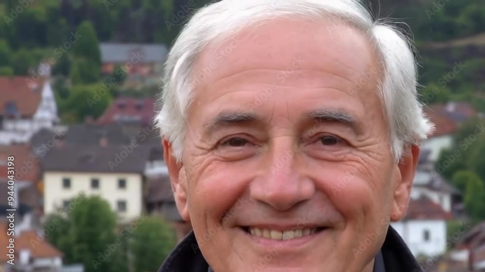 A smiling elderly man stands outdoors, enjoying a scenic view of a village, conveying warmth and connection to the environment