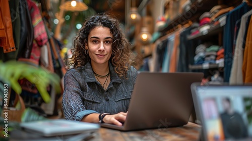 Managing a clothing store. Woman using a laptop in her small business, Generative AI