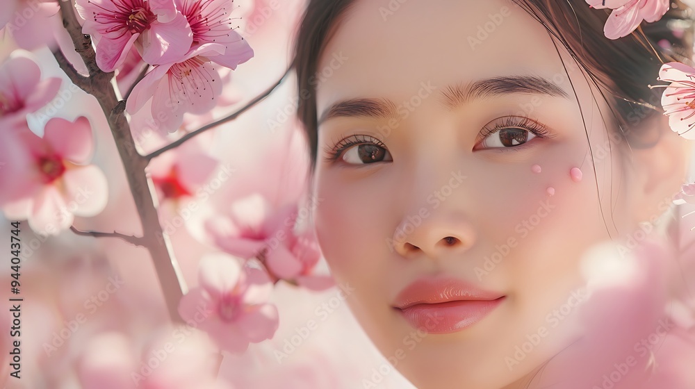 Japanese model using skincare products at a cherry blossom festival, surrounded by blooming sakura, gentle sunlight, relaxed expression, hd quality, natural look, traditional attire, Japanese model using skincare products at a cherry blossom festival, surrounded by blooming sakura, gentle sunlight, relaxed expression, hd quality, natural look, traditional attire,
