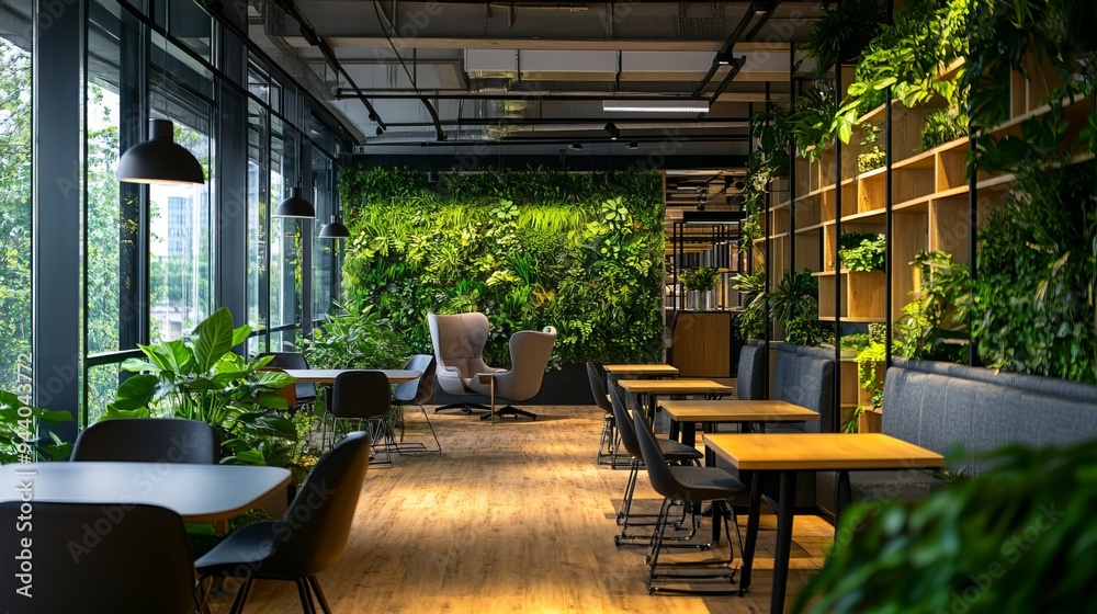 Naklejka premium Contemporary office backdrop with natural illumination and lush greenery. Workspace photography. Sustainable office concept. Design principles for eco-friendly workplaces.