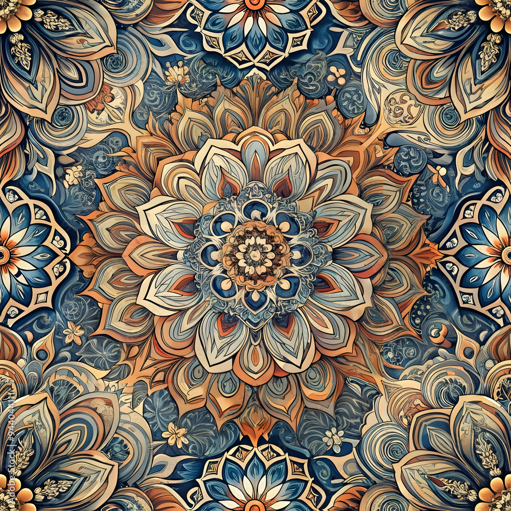 Intricate Floral Mandala: A captivating seamless pattern of intricate floral motifs in warm, earthy tones, forming a mesmerizing mandala design. This intricate artwork evokes a sense of tranquility Intricate Floral Mandala: A captivating seamless pattern of intricate floral motifs in warm, earthy tones, forming a mesmerizing mandala design. This intricate artwork evokes a sense of tranquility