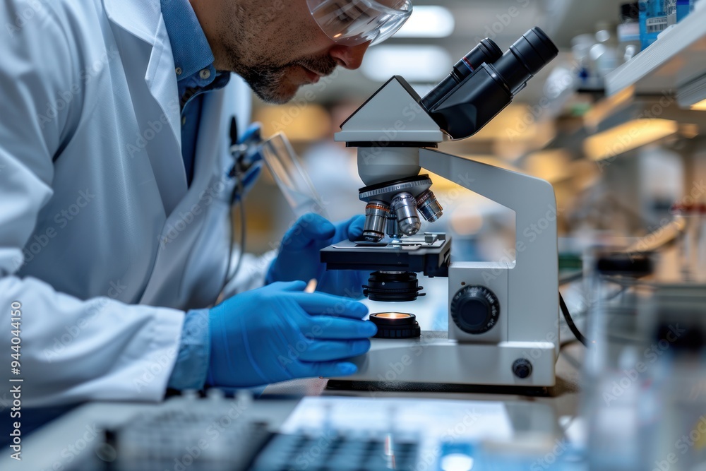 A man in a lab coat is looking through a microscope A man in a lab coat is looking through a microscope