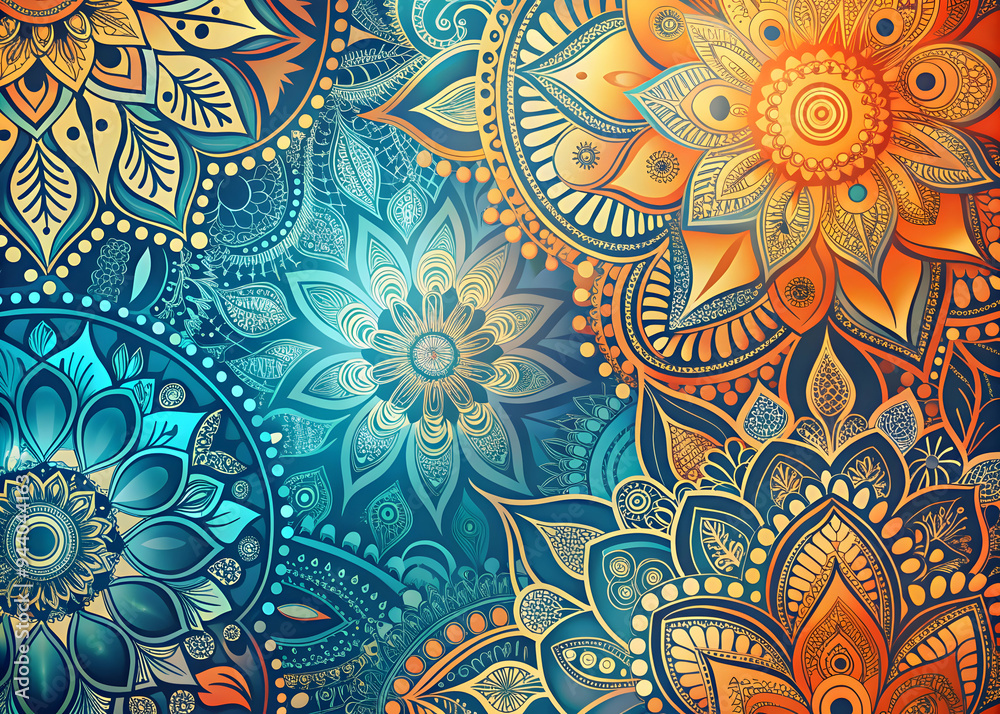 Golden Mandala Tapestry: An intricate and vibrant design of mandalas in a spectrum of warm and cool hues, perfect for backgrounds, textiles, and spiritual art. Golden Mandala Tapestry: An intricate and vibrant design of mandalas in a spectrum of warm and cool hues, perfect for backgrounds, textiles, and spiritual art.