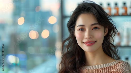 Wallpaper Mural Japanese model using skincare products in a trendy urban studio, city skyline in the background, soft morning light, serene expression, hd quality, natural look, sleek and modern design, Torontodigital.ca