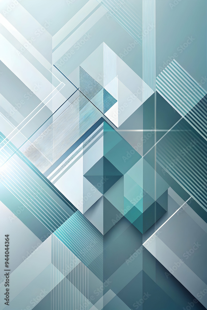 Fototapeta premium Abstract Geometric Pattern: A mesmerizing abstract geometric pattern composed of overlapping blue and white squares and rectangles, creating an optical illusion of depth and movement. Ideal for modern