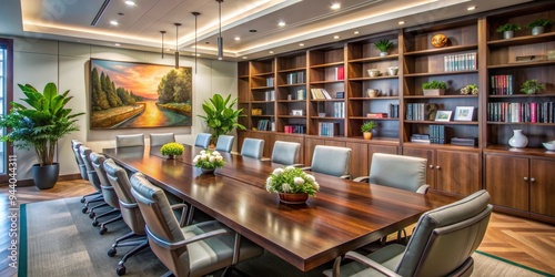 Meeting Room with Walnut Table, Leather Chairs, and a Bookcase - Perspective Interior - Composition Wide Shot - Image details photo