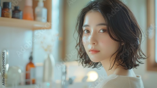 Free Download Japanese model using skincare products in front of a mirror, soft natural light, relaxed expression, hd quality, natural look, stylish bathroom, smooth skin, focused reflection, - GFXLoad