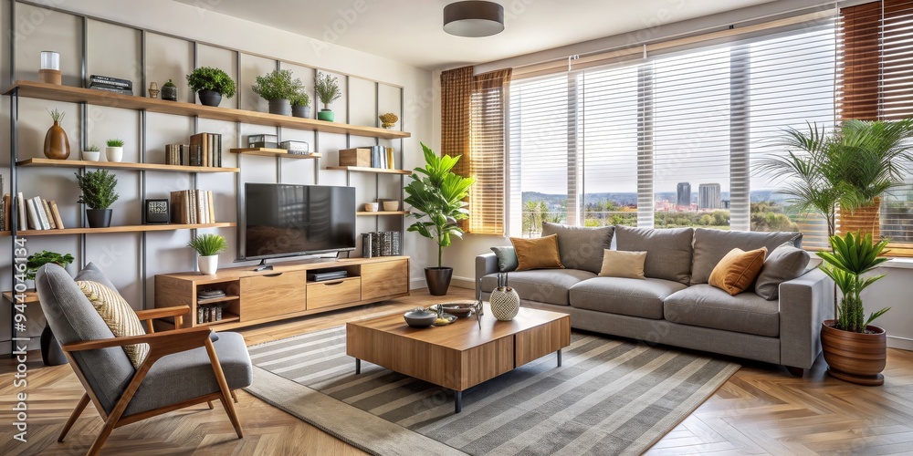 Modern Living Room with Grey Sofa, Wooden Shelves, and City View Through Windows Modern Living Room with Grey Sofa, Wooden Shelves, and City View Through Windows