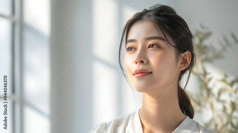 Japanese skincare model applying serum in a minimalist space, soft natural light, white background, hd quality, natural look, clean and serene atmosphere, smooth and glowing skin, soft shadows, Japanese skincare model applying serum in a minimalist space, soft natural light, white background, hd quality, natural look, clean and serene atmosphere, smooth and glowing skin, soft shadows,