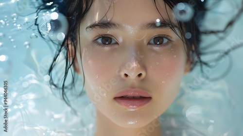 Japanese skincare model applying hydrating serum, clear flowing water backdrop, soft natural light, serene and calm expression, hd quality, natural look, pure and refreshing atmosphere,