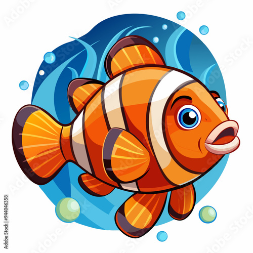 Cartoon Illustration of an Orange and White Striped Clownfish in Blue Water
