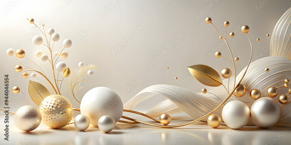 Obraz premium Abstract Gold and Pearl Waves: A delicate and elegant abstract design featuring swirling gold lines and scattered pearls against a soft, beige background. 