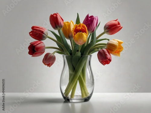 Wallpaper Mural A Stunning Arrangement of Red, Yellow, and Pink Tulips Artistically Displayed in a Clear Glass Vase, Showcasing the Vibrant Essence of Springtime with Elegance and Simplicity Torontodigital.ca