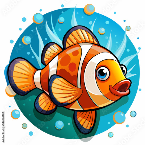 Cartoon Clownfish with Orange and White Stripes Swimming in Blue Water with Bubbles