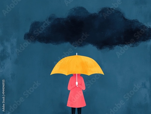 A person standing under a dark cloud, holding an umbrella of bright colors, symbolizing the strength to protect oneself from the stigma and negativity surrounding mental health