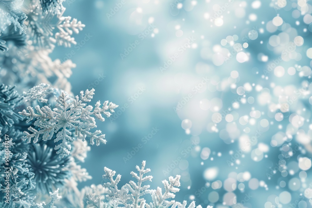 A snowy scene with a blue sky and snowflakes falling A snowy scene with a blue sky and snowflakes falling