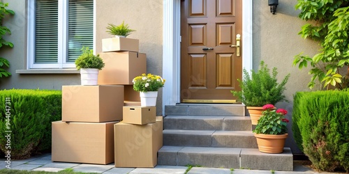 Moving Day A Stack of Cardboard Boxes on the Front Porch of a New Home with Green Plants and Flowers photo