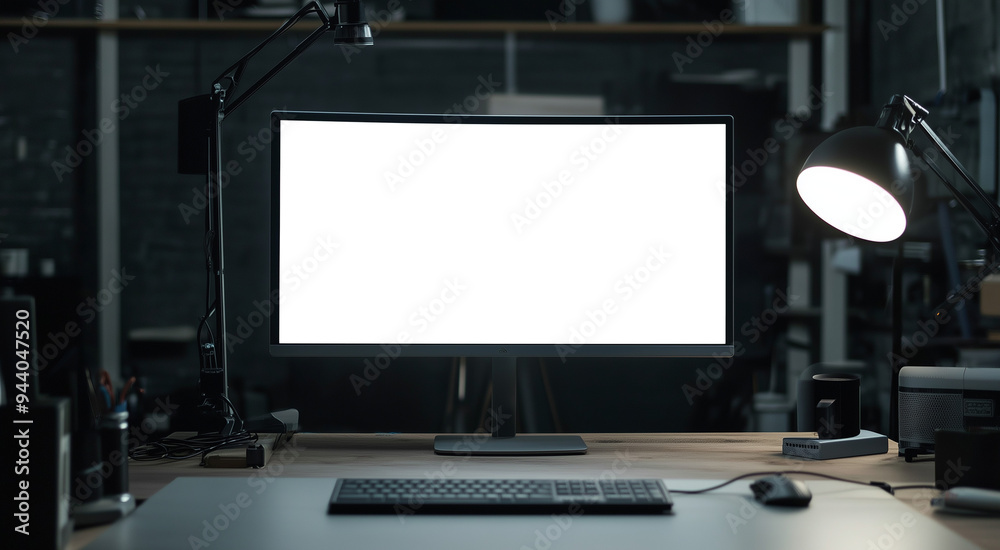 Fototapeta premium png, mockup, gray monitor on the table, transparent screen, office background