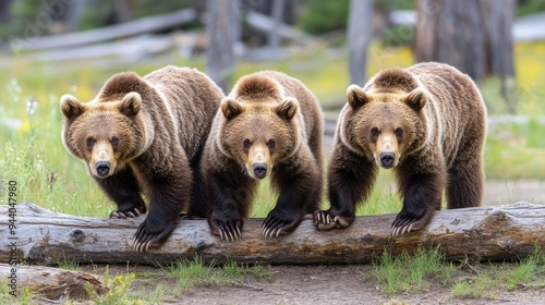 Three grizzly bears move gracefully through a lush green clearing, surrounded by fallen trees and pine trunks, capturing the essence of spring photo