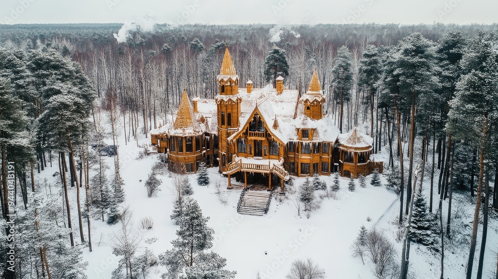 The residence of Russian Santa Claus is surrounded by forest. The view from the height of bird flight.Winter fairy-tale wooden Palace in the forest. The residence of Russian Santa Claus is surrounded by forest. The view from the height of bird flight.Winter fairy-tale wooden Palace in the forest.