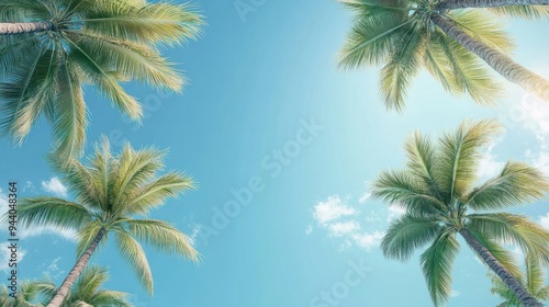 group of palm trees with copy space in the middle on a bright sky background, design for poster, banner, advertising, card