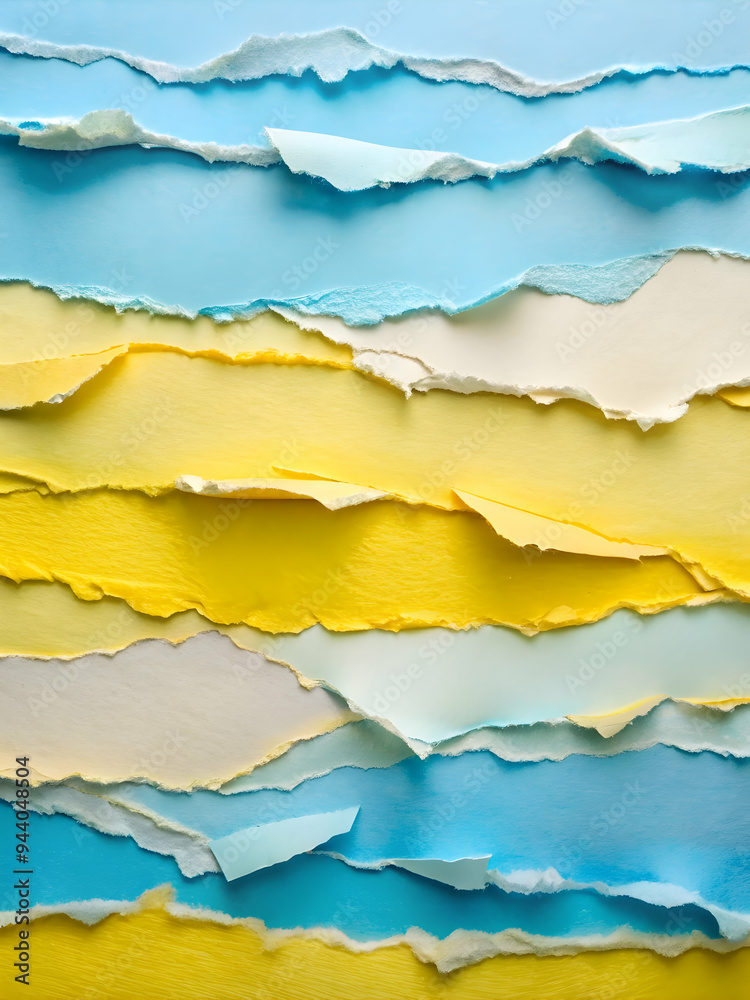 Fototapeta premium Torn Paper Tapestry: A vibrant collage of blue, yellow, and white torn paper strips, forming a textured abstract background with copy space. 