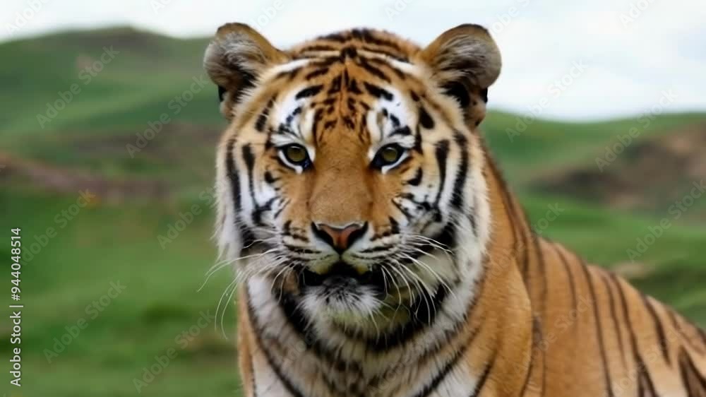 Close up of a majestic tiger in its natural habitat, showcasing its vivid stripes and fierce gaze amidst a serene landscape Close up of a majestic tiger in its natural habitat, showcasing its vivid stripes and fierce gaze amidst a serene landscape