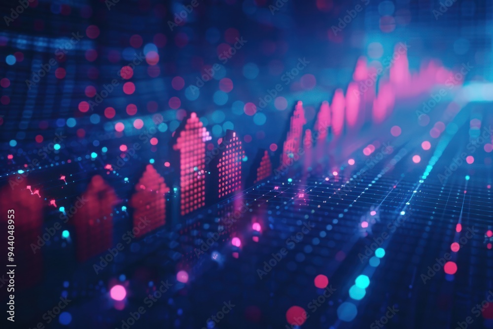Obraz premium A blue and red background with a series of red dots that look like buildings