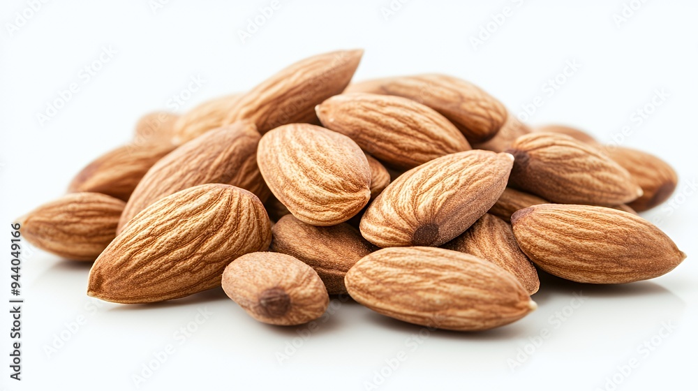A pile of almonds showcasing their textured shells on a clean background. A pile of almonds showcasing their textured shells on a clean background.