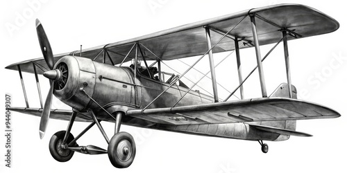 Pencil Sketch of a Vintage Biplane in Flight A Detailed Render of a Classic Aircraft's Form and Function photo