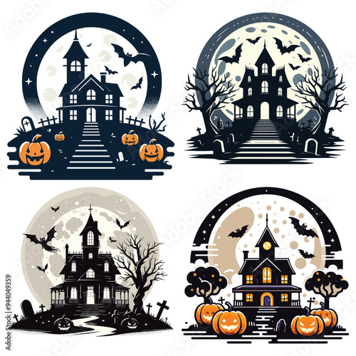 Haunted houses with pumpkins Halloween vector illustration black and white eerie night scenes