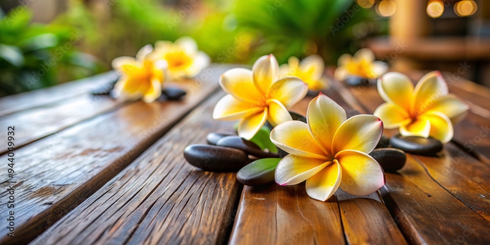 Plumeria Petals on Wooden Surface A Close-up Perspective with Smooth Stones and a Blurred Green Background Plumeria Petals on Wooden Surface A Close-up Perspective with Smooth Stones and a Blurred Green Background