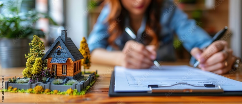 Realtor with a young couple, signing a home loan agreement, closeup of hands holding pens, miniature house in the foreground, welllit and welcoming atmosphere, eyelevel view Realtor with a young couple, signing a home loan agreement, closeup of hands holding pens, miniature house in the foreground, welllit and welcoming atmosphere, eyelevel view