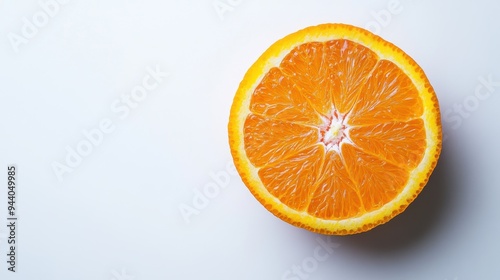 Orange fruit sliced in half with juicy textures, vibrant orange color, isolated on a clean white background, fresh and minimal concept.