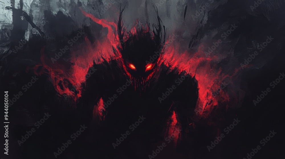 Fototapeta premium Dark and moody digital illustration of a demonic figure with glowing red eyes, set in a shadowy environment.