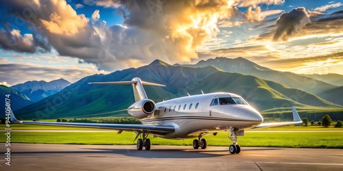 Private Jet at Sunset in the Mountains, Airplane, Travel, Luxury photo