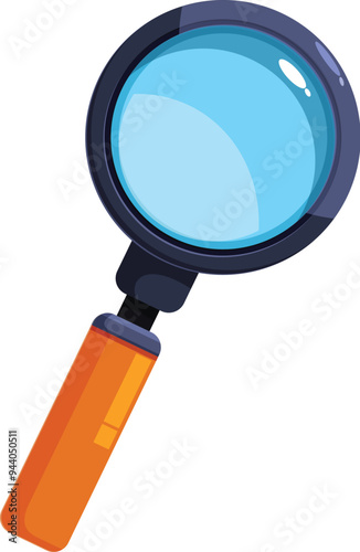 Cartoon magnifying glass with orange handle and blue lens is looking for evidence