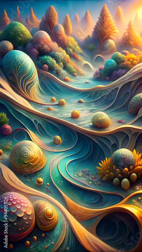 Wallpaper Mural Abstract Fractal Landscape: A mesmerizing digital art piece, bursting with vibrant hues, intricate patterns, and a dreamlike quality.  Torontodigital.ca