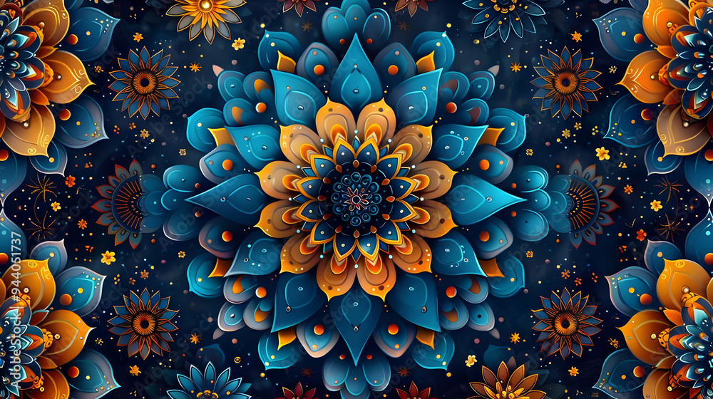 Intricate Blue and Orange Floral Mandala Illustration Intricate Blue and Orange Floral Mandala Illustration