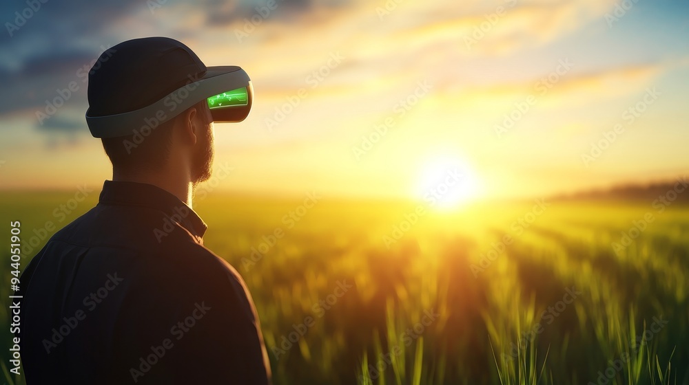 A person wearing a virtual reality headset gazes at a sunset over a lush field, blending technology with nature. A person wearing a virtual reality headset gazes at a sunset over a lush field, blending technology with nature.