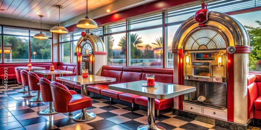 Retro Diner with Jukebox and Checkerboard Floor - A vintage jukebox ...