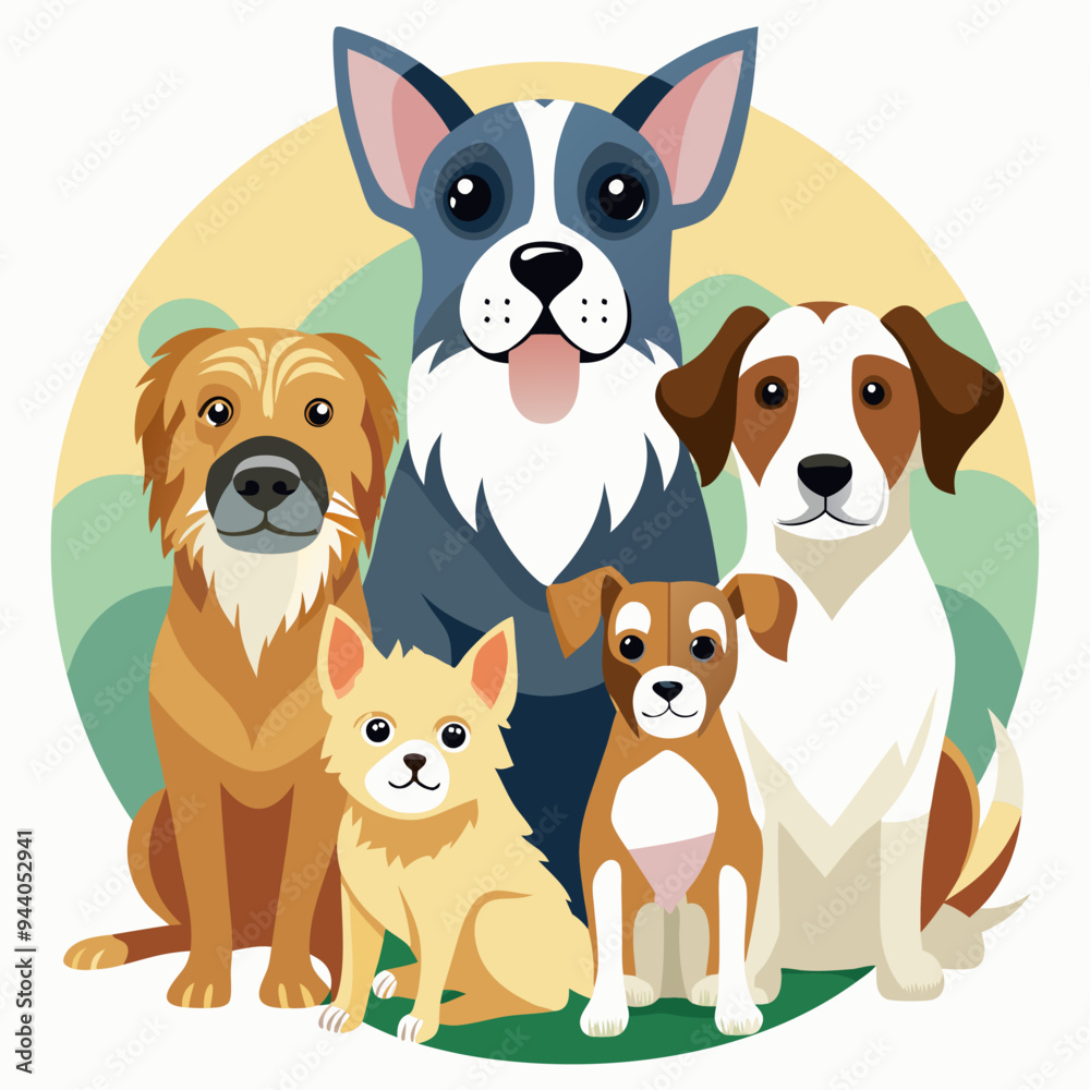 Fototapeta premium Five Dogs Sitting Together in a Circular Frame
