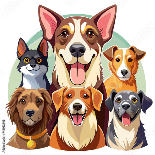 Six Smiling Dogs with Different Fur Colors and Breeds
